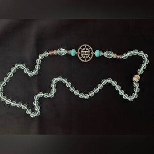 #217 Vintage Art Deco Style Aqua Blue Faceted Glass & Brass Medallion Necklace